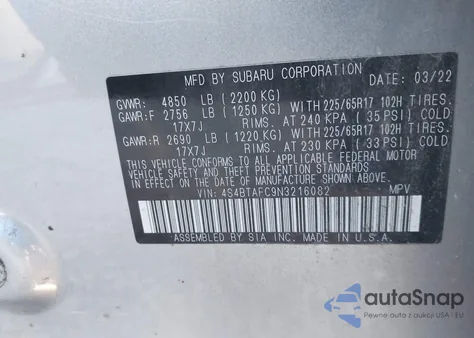 2022 Subaru Outback Premium from USA, damaged, VIN 4S4BTAFC9N3216082